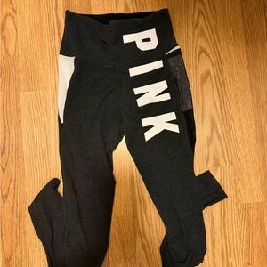 PINK Victoria's Secret Black Leggings with White Logo and Pocket Accents